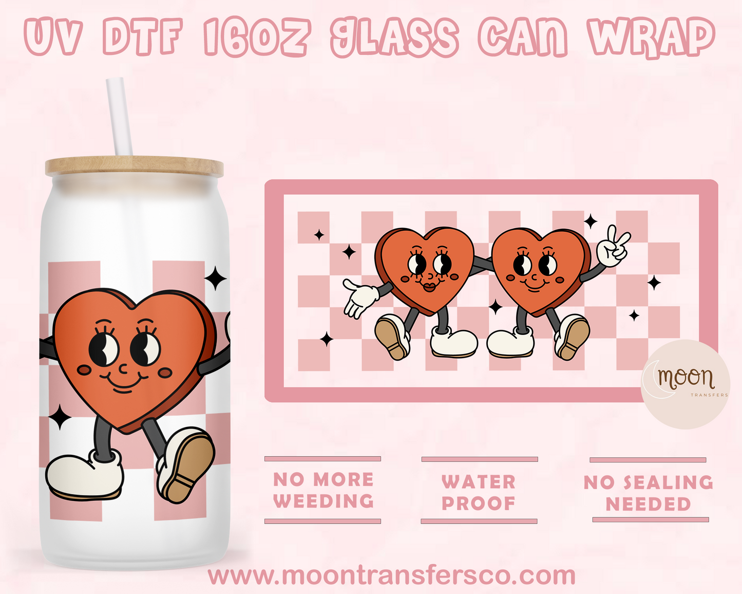 Heart Love- UV DTF 16oz Glass Can