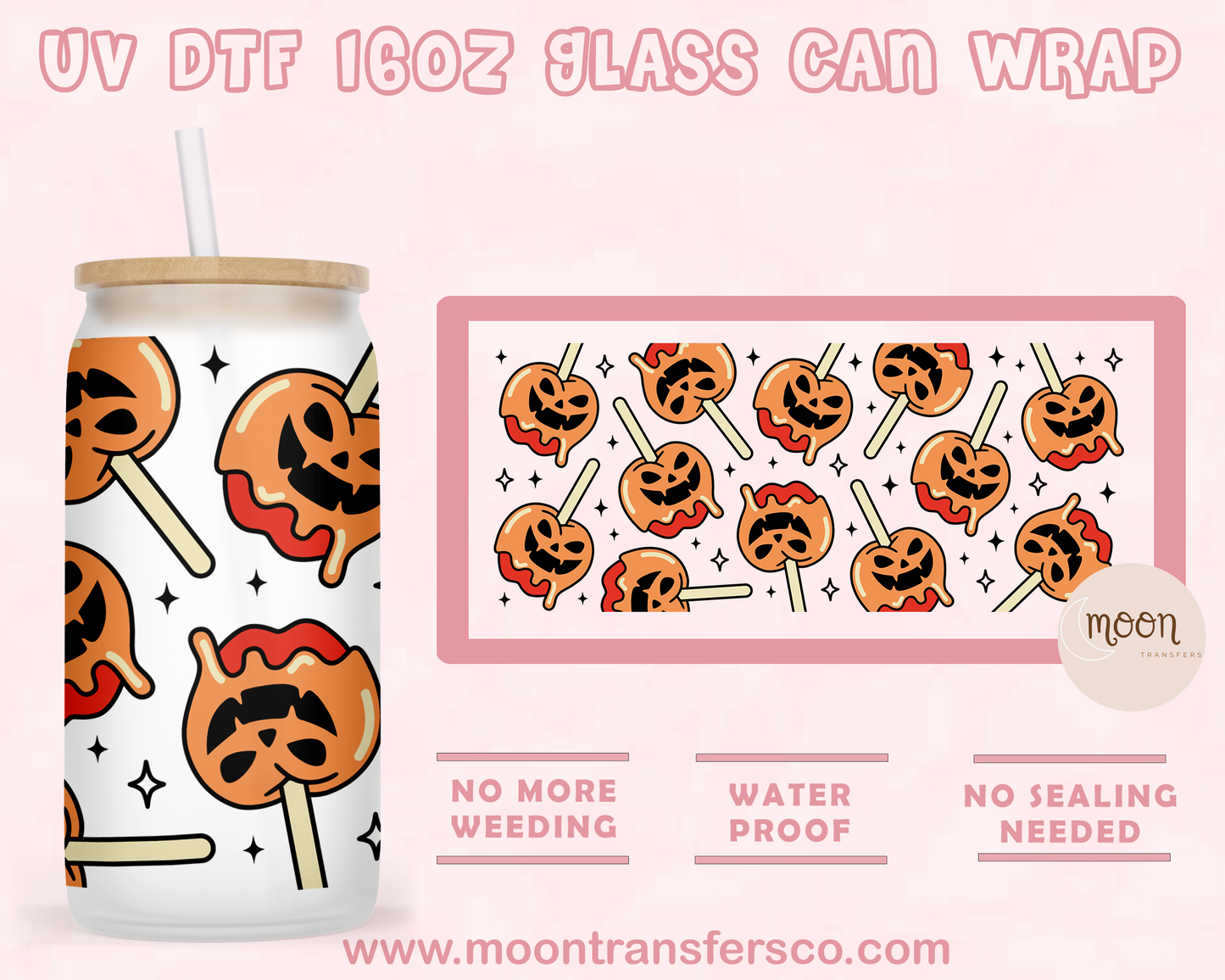 Apple Caramel Spooky- UV DTF 16oz Glass Can