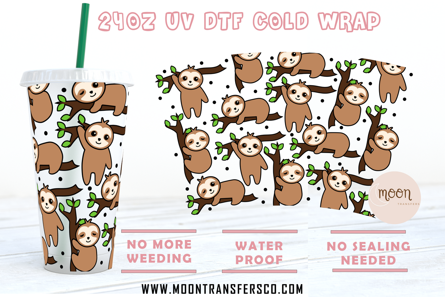 Sloth UV DTF 24oz Cold Cup | Cold Cup Wraps
