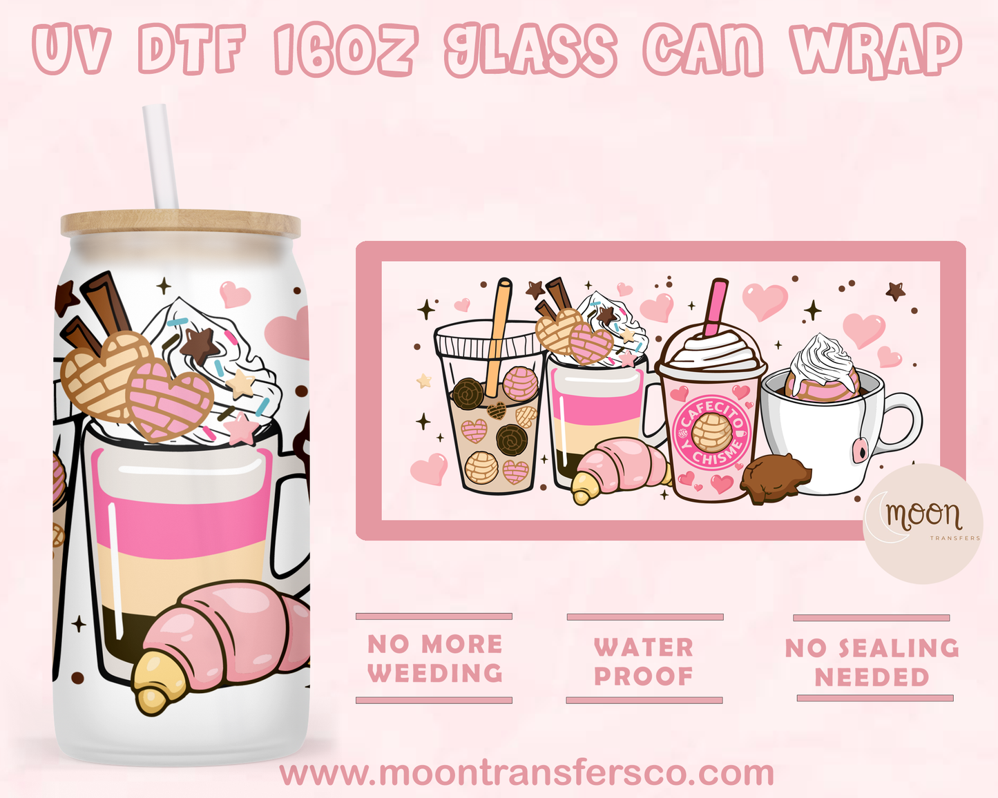 Cafecito y Chisme UV DTF 16oz Glass Can