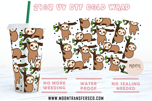 Sloth UV DTF 24oz Cold Cup | Cold Cup Wraps