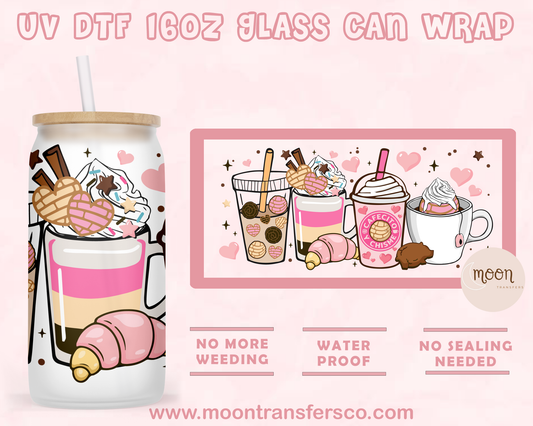Cafecito y Chisme  UV DTF 16oz Glass Can
