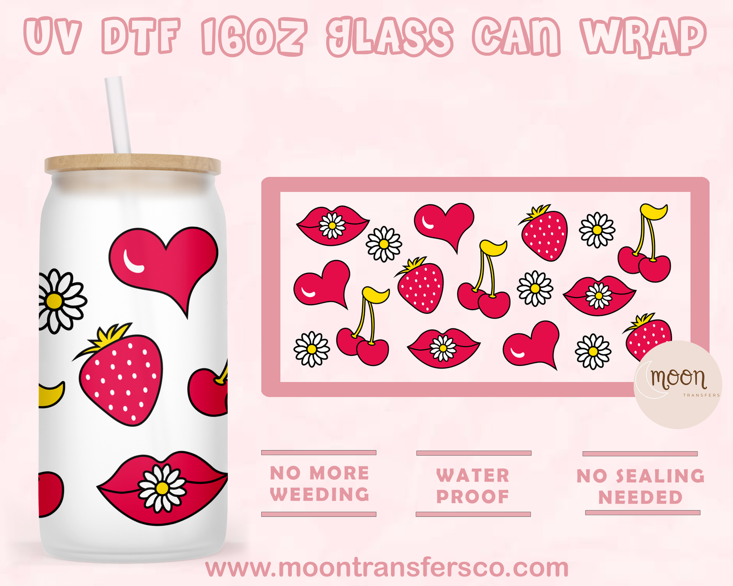 Retro Lips and Cherry UV DTF 16oz Glass Can